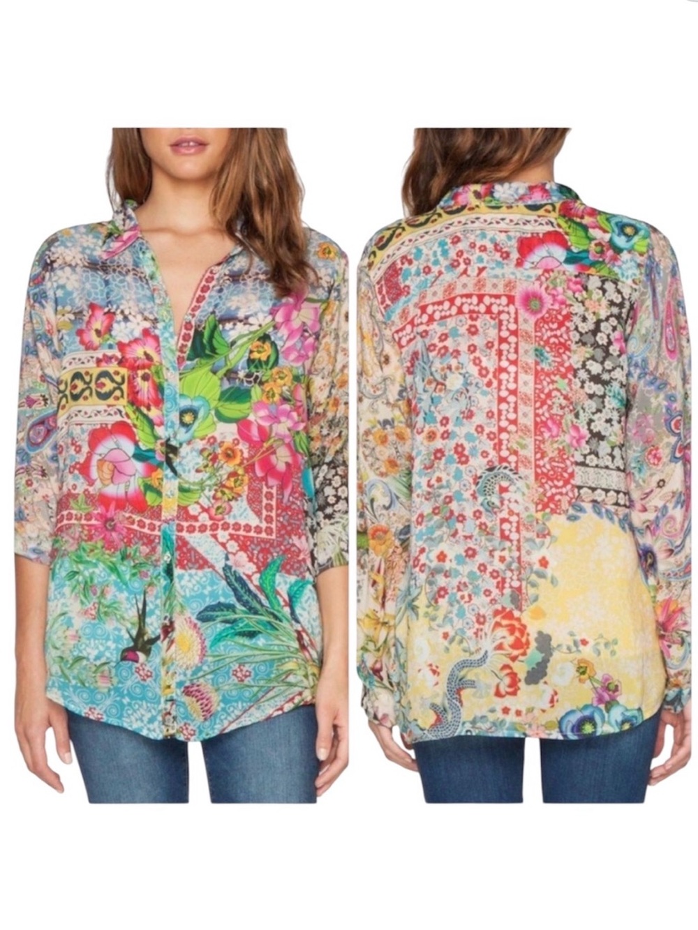 Johnny Was Milla vibrant floral patchwork button down shirt